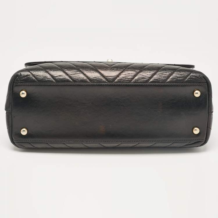 Pre Owned Chanel Black Chevron Leather Leather Small Coco Top Handle Bag