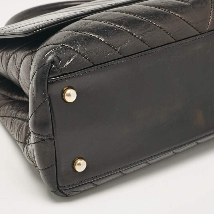 Pre Owned Chanel Black Chevron Leather Leather Small Coco Top Handle Bag