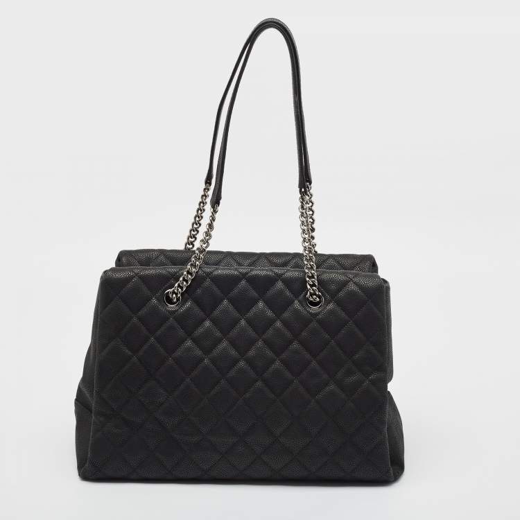 Pre Owned Chanel Black Quilted Matte Caviar Leather Lady Pearly Tote