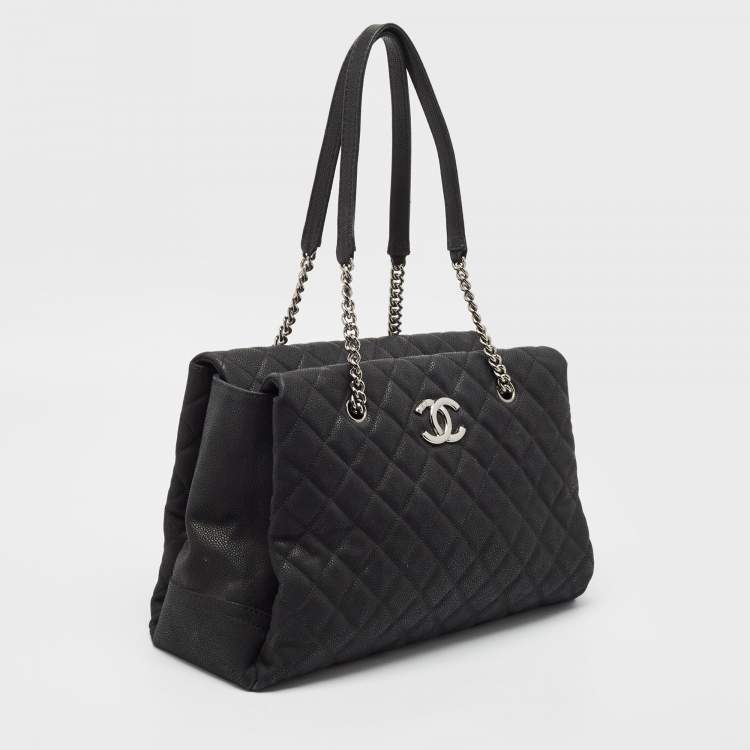 Pre Owned Chanel Black Quilted Matte Caviar Leather Lady Pearly Tote