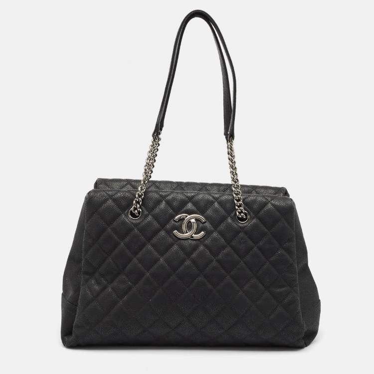 Pre Owned Chanel Black Quilted Matte Caviar Leather Lady Pearly Tote