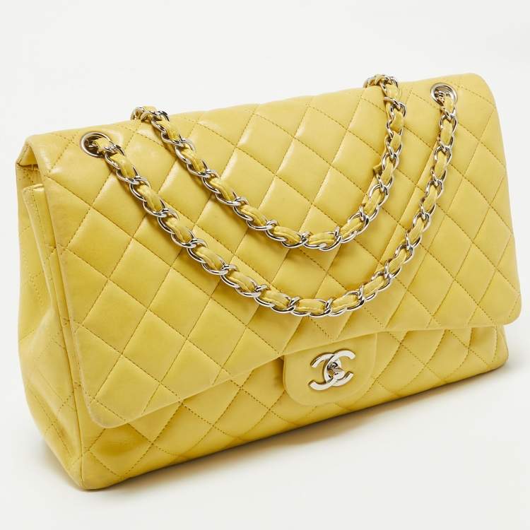 Pre Owned Chanel Yellow Quilted Leather Maxi Classic Single Flap Bag