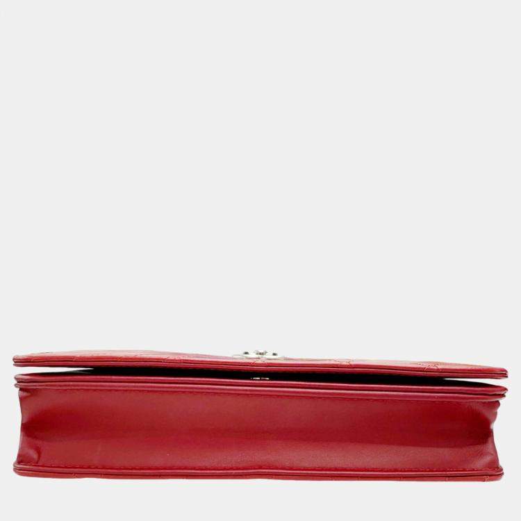 Pre Owned Chanel Red Calf Leather Matelasse Boy Chain Wallet