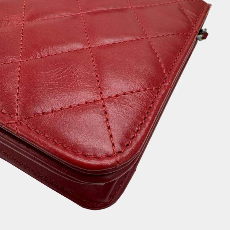 Pre Owned Chanel Red Calf Leather Matelasse Boy Chain Wallet