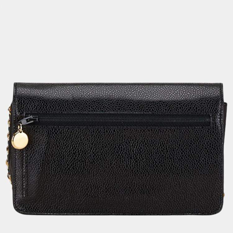 Pre Owned Chanel Black Caviar Skin Leather Coco Mark Chain Wallet