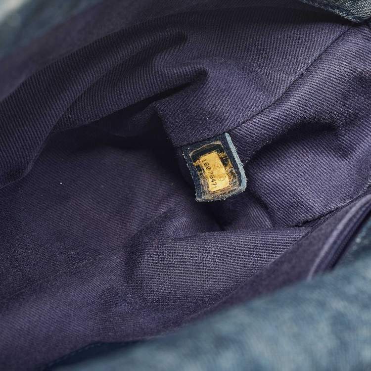 Pre Owned Chanel Blue Quilted Denim CC Camelia Embroidered Flap Bag