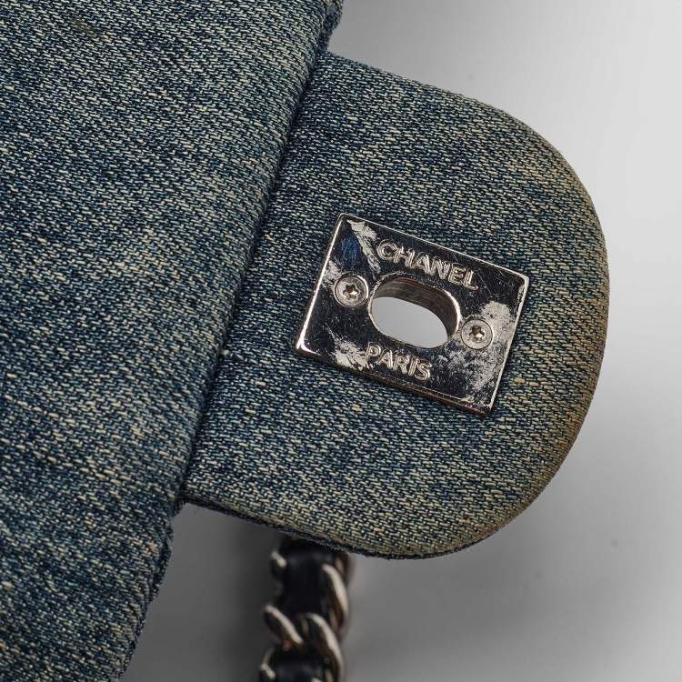 Pre Owned Chanel Blue Quilted Denim CC Camelia Embroidered Flap Bag