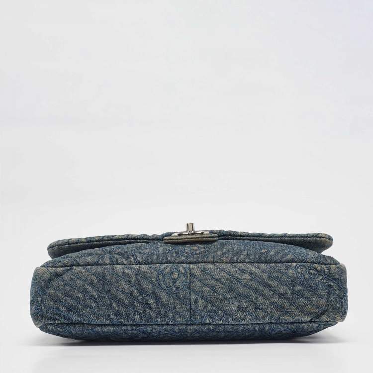 Pre Owned Chanel Blue Quilted Denim CC Camelia Embroidered Flap Bag