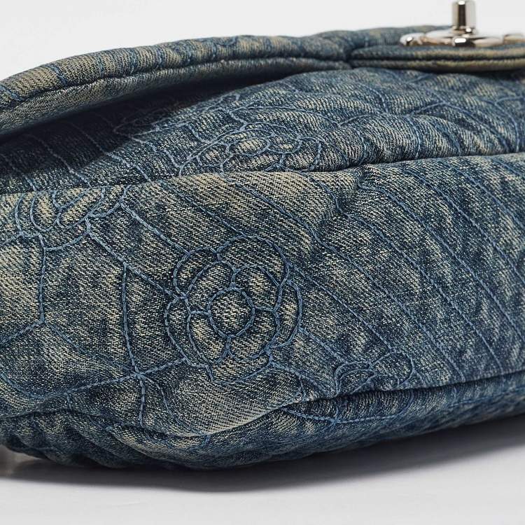 Pre Owned Chanel Blue Quilted Denim CC Camelia Embroidered Flap Bag