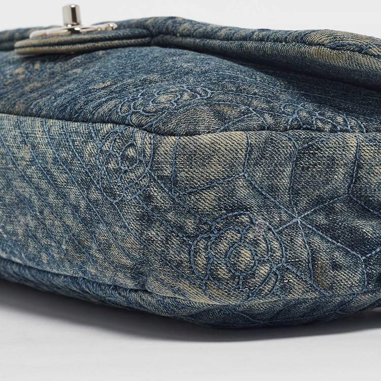 Pre Owned Chanel Blue Quilted Denim CC Camelia Embroidered Flap Bag