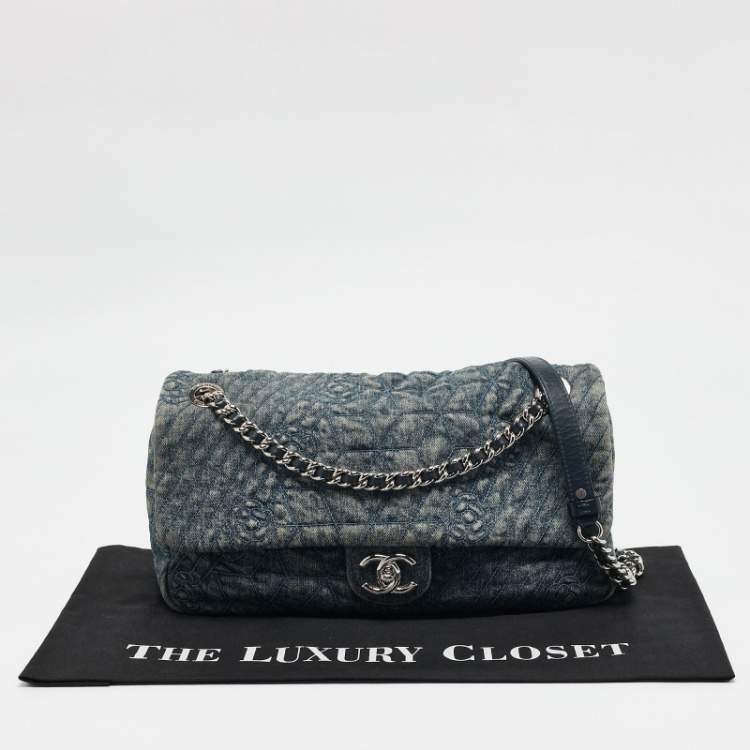 Pre Owned Chanel Blue Quilted Denim CC Camelia Embroidered Flap Bag