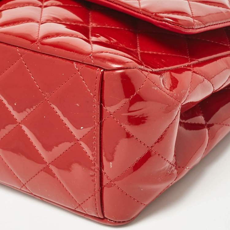 Pre Owned Chanel Red Quilted Patent Leather Maxi Classic Double Flap Bag