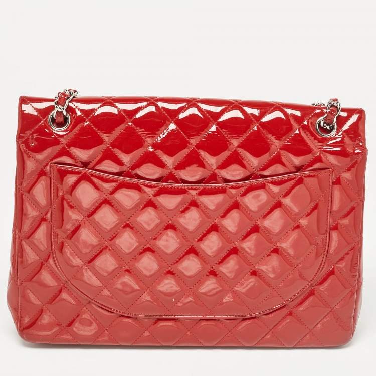 Pre Owned Chanel Red Quilted Patent Leather Maxi Classic Double Flap Bag