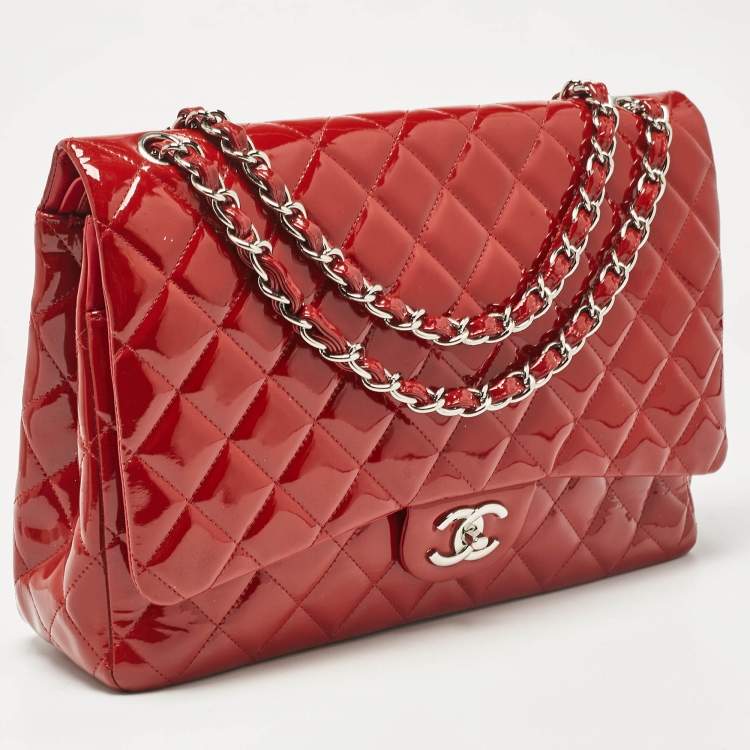 Pre Owned Chanel Red Quilted Patent Leather Maxi Classic Double Flap Bag