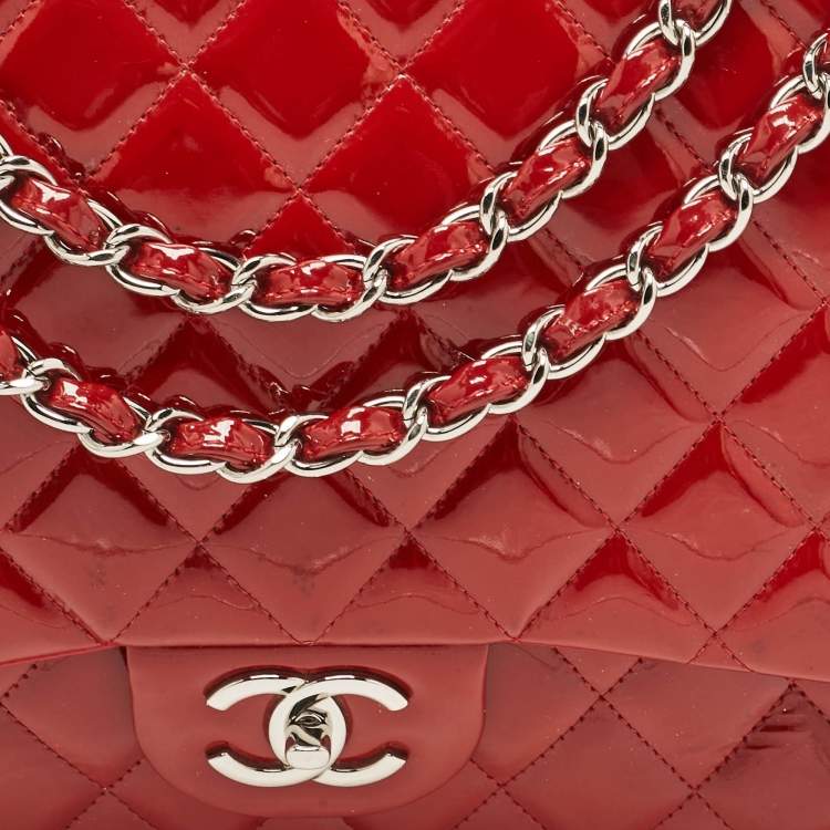 Pre Owned Chanel Red Quilted Patent Leather Maxi Classic Double Flap Bag