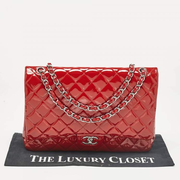 Pre Owned Chanel Red Quilted Patent Leather Maxi Classic Double Flap Bag