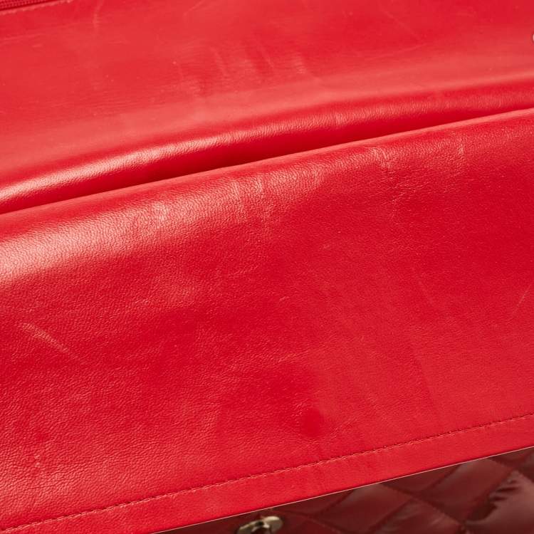 Pre Owned Chanel Red Quilted Patent Leather Maxi Classic Double Flap Bag