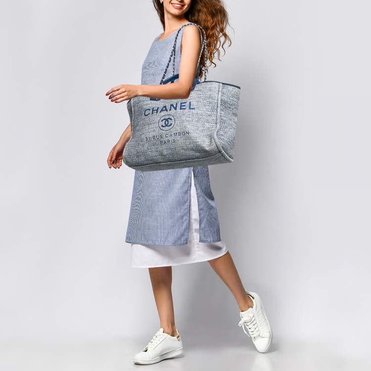 Pre Owned Chanel Blue Tweed Large Deauville Shopping Tote