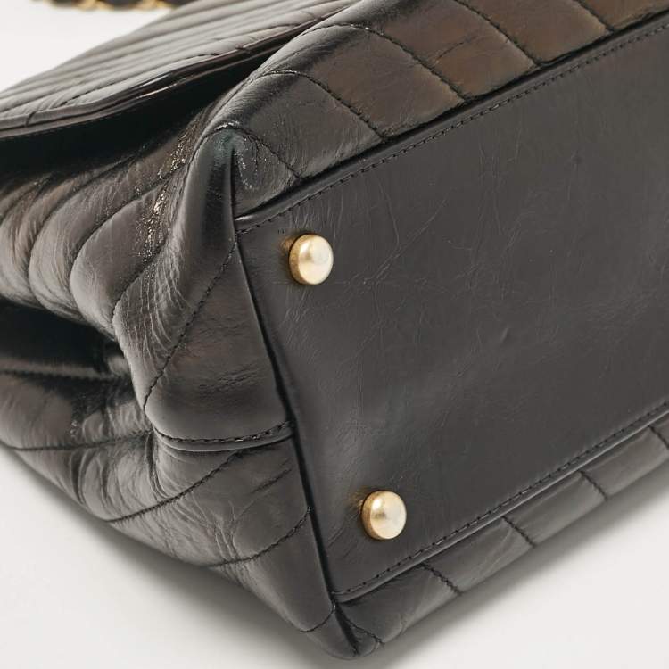 Pre Owned Chanel Black Chevron Leather Small Coco Top Handle Bag