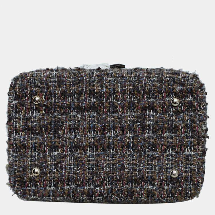 Pre Owned Chanel Multicolor/ Brown Tweed Vanity Case Wood Handle Bag