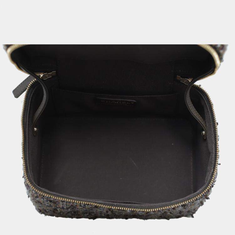 Pre Owned Chanel Multicolor/ Brown Tweed Vanity Case Wood Handle Bag