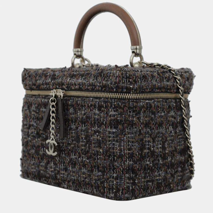 Pre Owned Chanel Multicolor/ Brown Tweed Vanity Case Wood Handle Bag