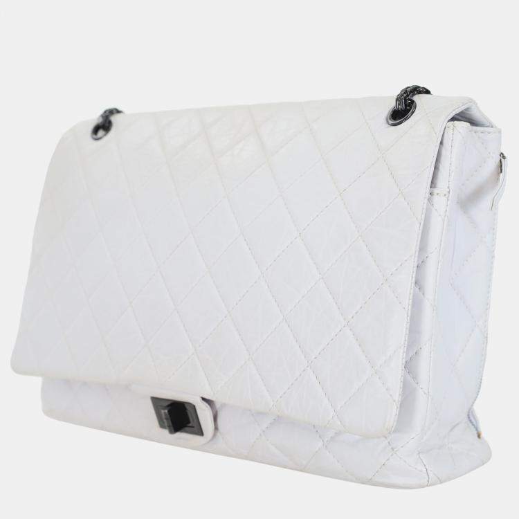 Pre Owned Chanel White Leather Distressed Maxi Reissue Flap Bag
