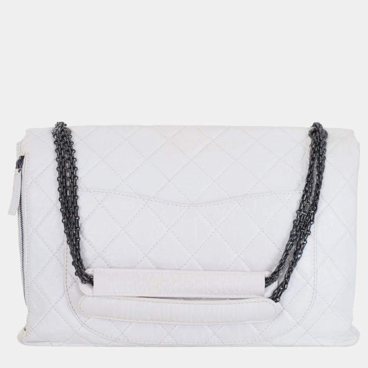 Pre Owned Chanel White Leather Distressed Maxi Reissue Flap Bag