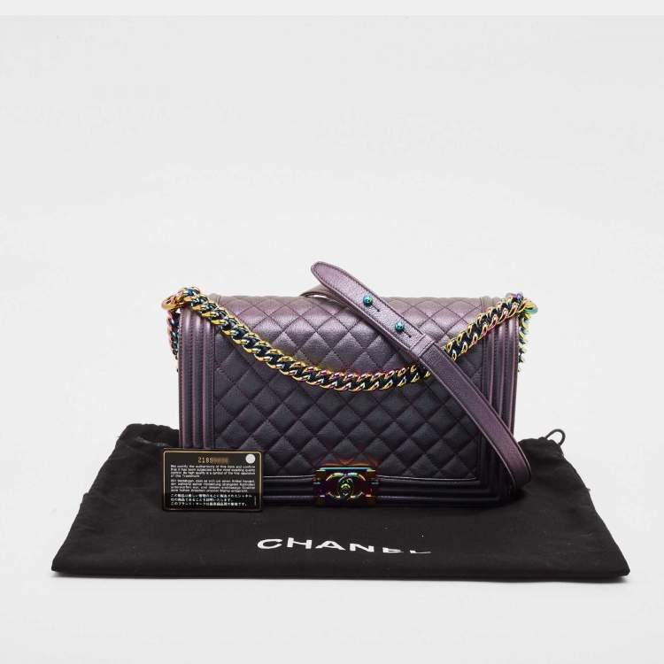 Pre Owned Chanel Purple Iridescent Quilted Leather New Medium Boy Flap Bag