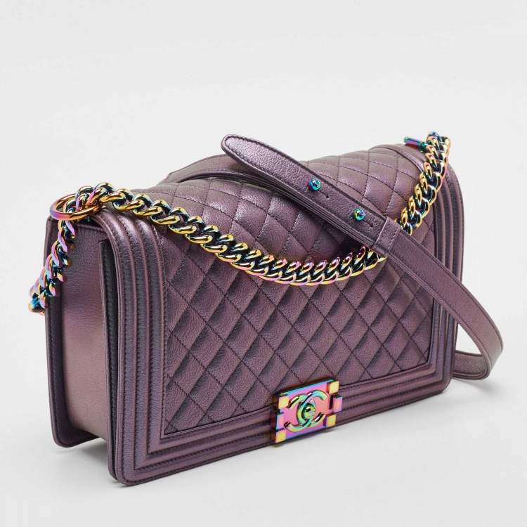 Pre Owned Chanel Purple Iridescent Quilted Leather New Medium Boy Flap Bag