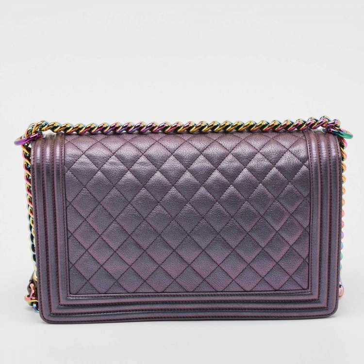 Pre Owned Chanel Purple Iridescent Quilted Leather New Medium Boy Flap Bag