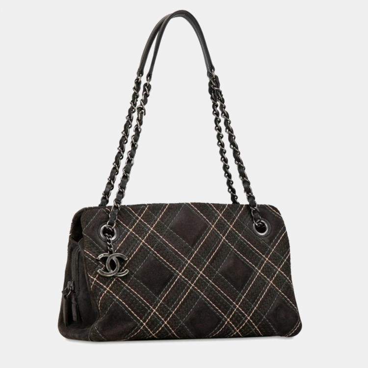 Pre Owned Chanel Grey Suede Leather Wild Stitch Coco Mark Chain Shoulder Bag