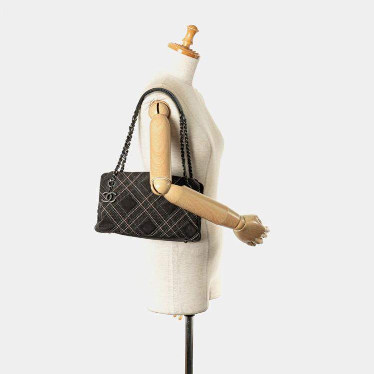 Pre Owned Chanel Grey Suede Leather Wild Stitch Coco Mark Chain Shoulder Bag