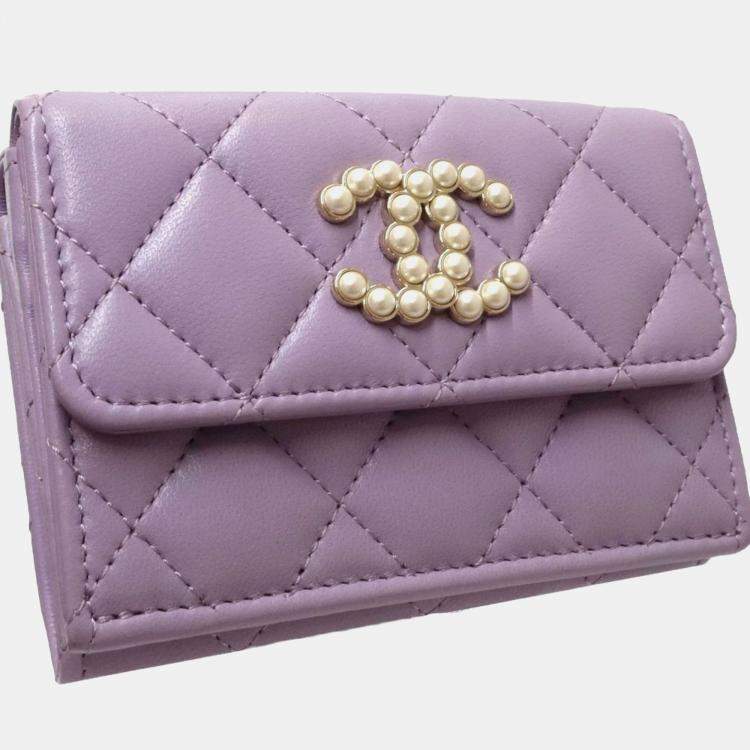 Pre Owned Chanel Light Purple Matelasse Small Flap CC Pearl Coco Mark Bi-fold Wallet