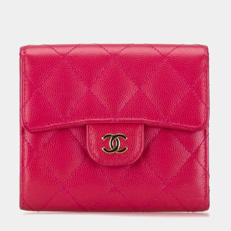 Pre Owned Chanel Pink Caviar Skin Matelasse Coco Mark Classic Small Flap Bi-fold Wallet