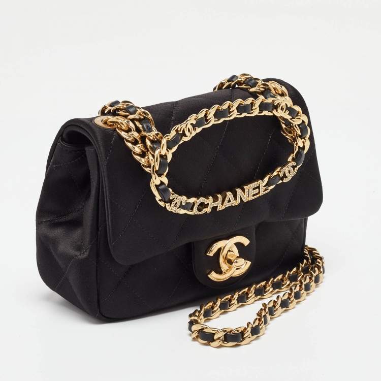 Pre Owned Chanel Black Quilted Satin Top Handle Flap Bag
