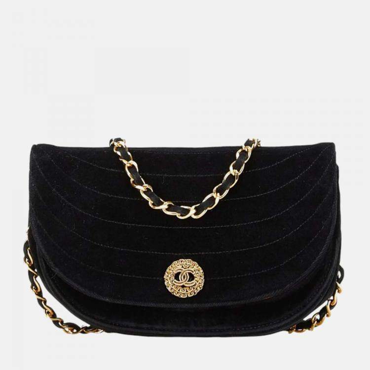 Pre Owned Chanel Black Suede Half Moon Coco Mark Chain Shoulder Bag