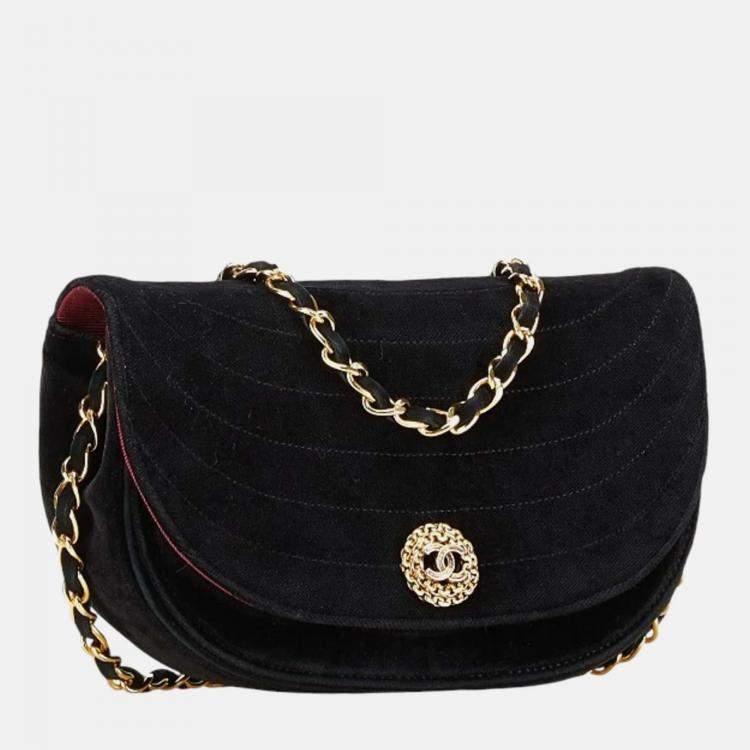 Pre Owned Chanel Black Suede Half Moon Coco Mark Chain Shoulder Bag