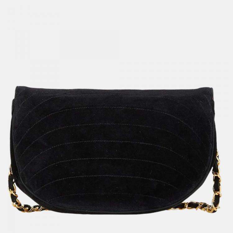Pre Owned Chanel Black Suede Half Moon Coco Mark Chain Shoulder Bag