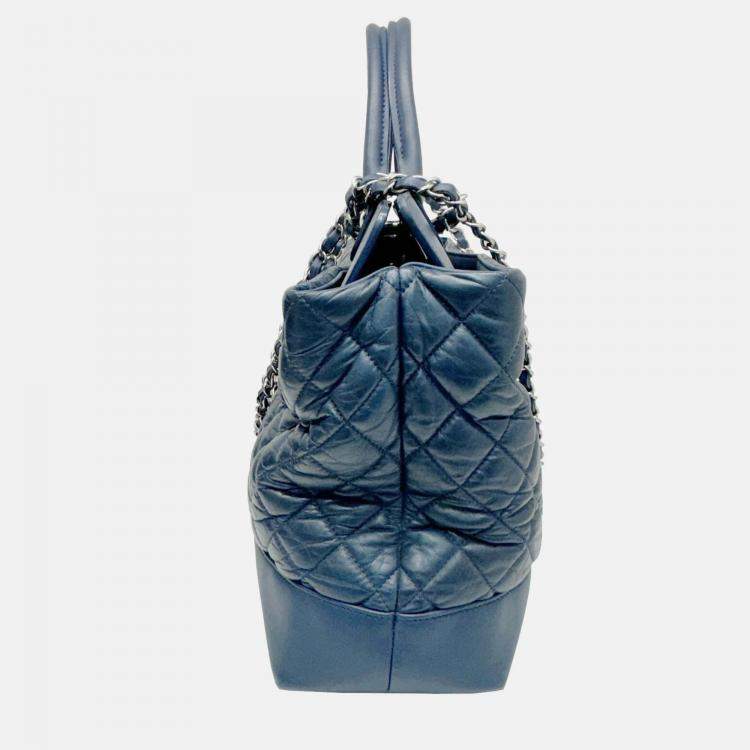 Pre Owned Chanel Navy Leather Matelasse Tote Bag Chain