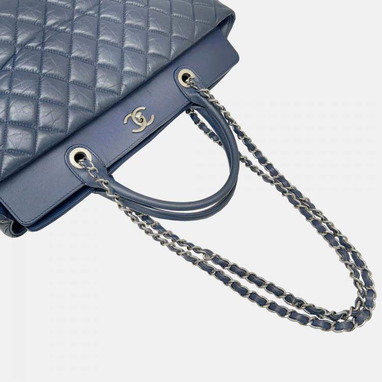Pre Owned Chanel Navy Leather Matelasse Tote Bag Chain
