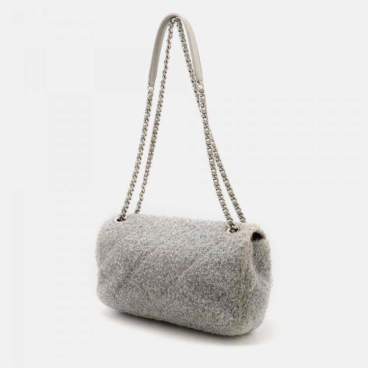 Pre Owned Chanel Silver Fabric Leather Pour Toe Glitter Coco Mark Chain Shoulder Bag