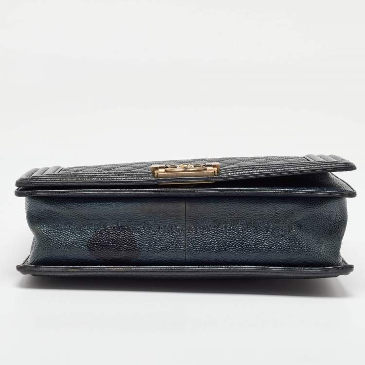 Pre Owned Chanel Navy Blue Quilted Caviar Leather New Medium Boy Flap Bag