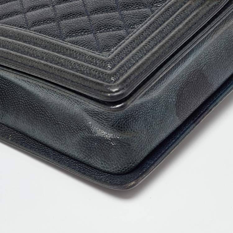 Pre Owned Chanel Navy Blue Quilted Caviar Leather New Medium Boy Flap Bag