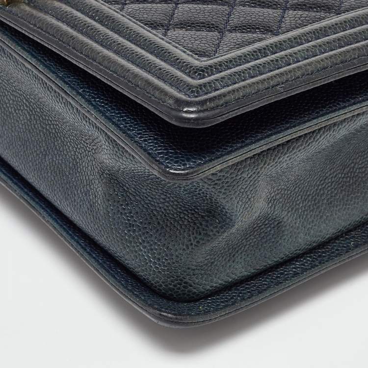 Pre Owned Chanel Navy Blue Quilted Caviar Leather New Medium Boy Flap Bag