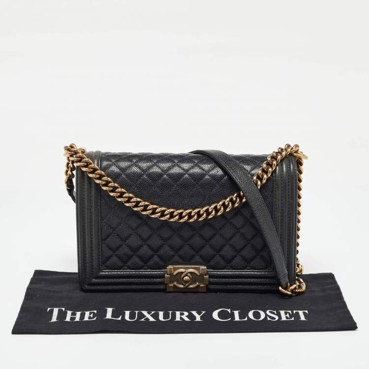 Pre Owned Chanel Navy Blue Quilted Caviar Leather New Medium Boy Flap Bag