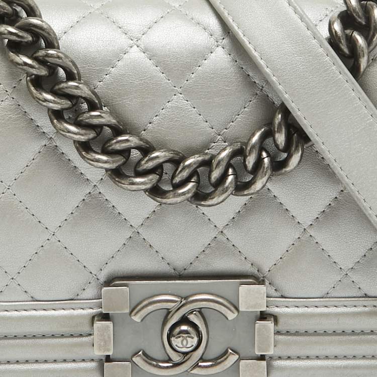 Pre Owned Chanel Grey Quilted Leather Mini Boy Flap Bag