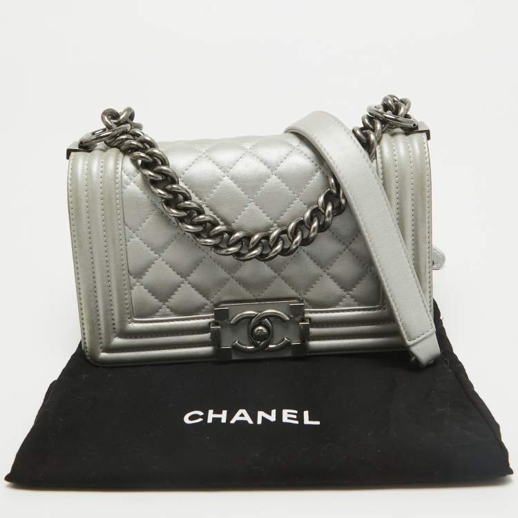Pre Owned Chanel Grey Quilted Leather Mini Boy Flap Bag