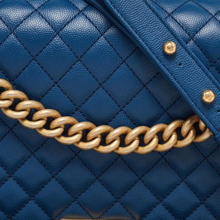 Pre Owned Chanel Blue Quilted Caviar Leather New Medium Boy Flap Bag