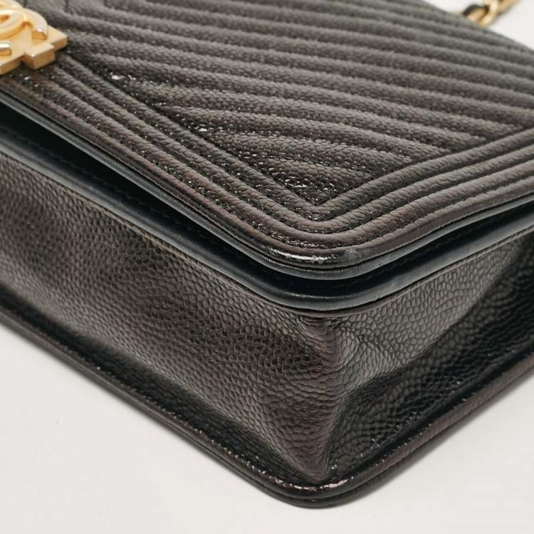 Pre Owned Chanel Black Chevron Caviar Leather Boy Wallet On Chain